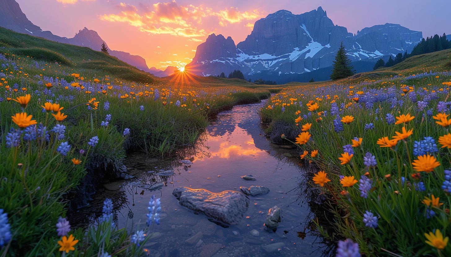 Explore a tranquil alpine meadow at sunrise, with wildflowers, towering peaks, and a clear mountain stream reflecting the early morning light.