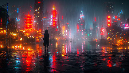 Dive into a cyberpunk cityscape at twilight, where neon signs reflect on wet streets, and futuristic skyscrapers loom overhead.