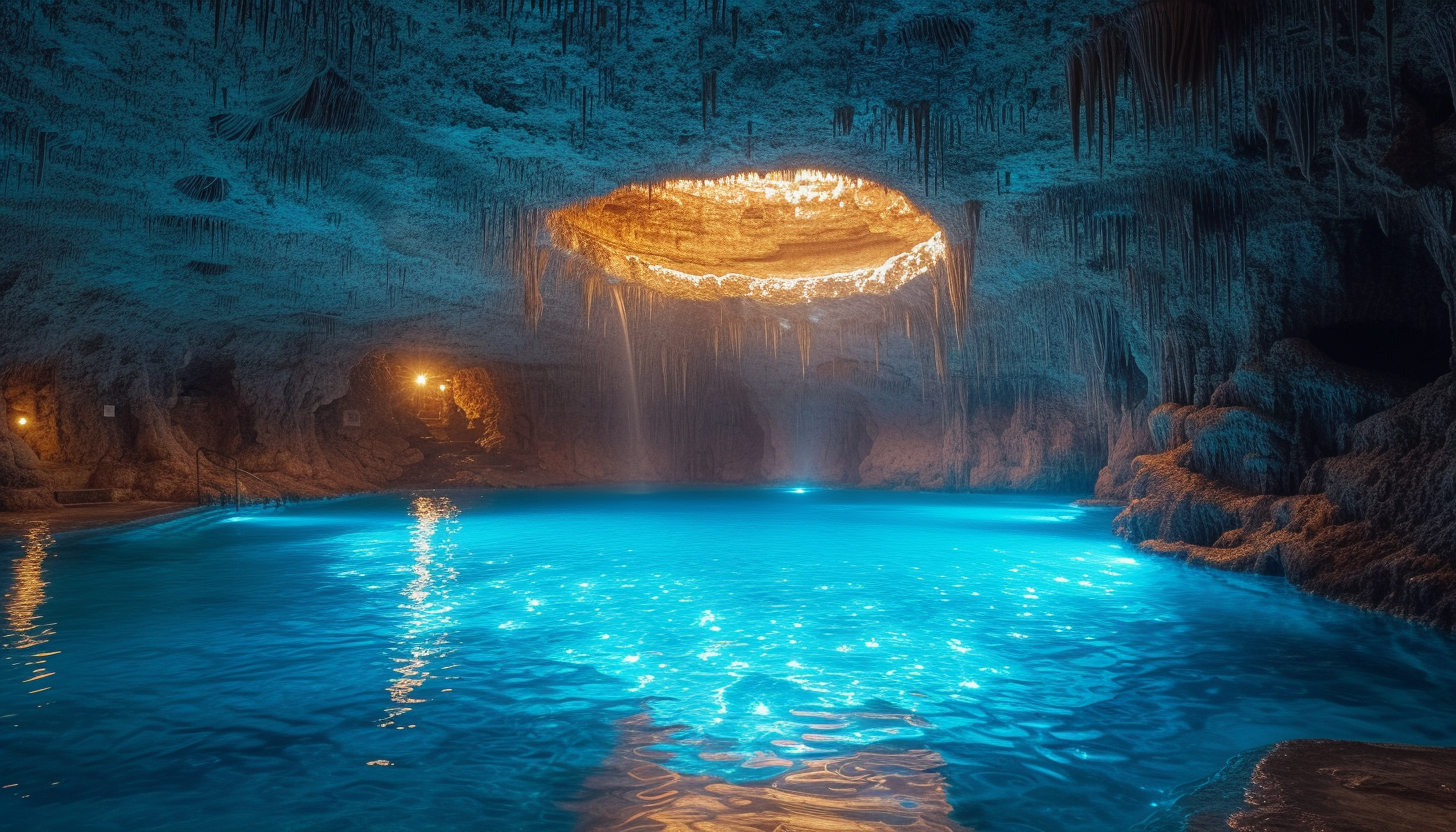 Enter a subterranean cavern illuminated by bioluminescent fungi, creating an eerie, phosphorescent underground world.