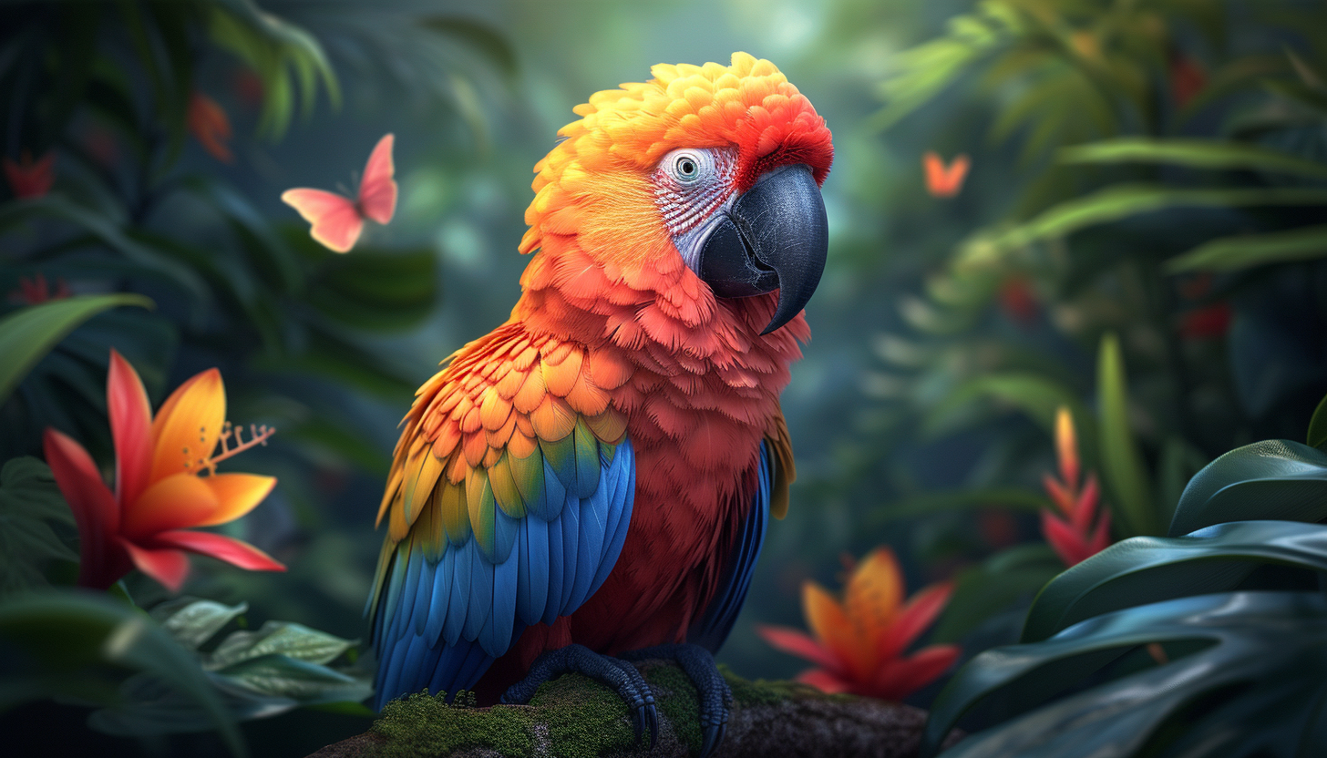 Design an app icon that brings to life the vibrant colors of a tropical rainforest, teeming with exotic birds, butterflies, and lush vegetation.