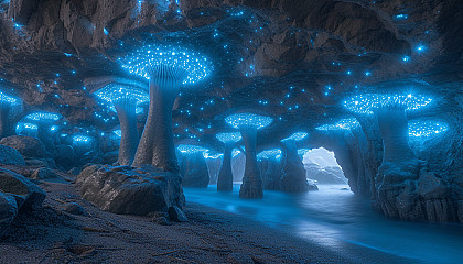 Enter a subterranean cavern illuminated by bioluminescent fungi, creating an eerie, phosphorescent underground world.