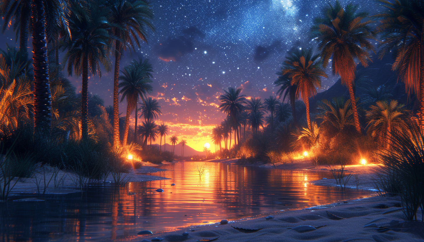 Nighttime in a desert oasis under a canopy of stars, with palm trees surrounding a small, serene pool of water, and the gentle rustling of nocturnal creatures.