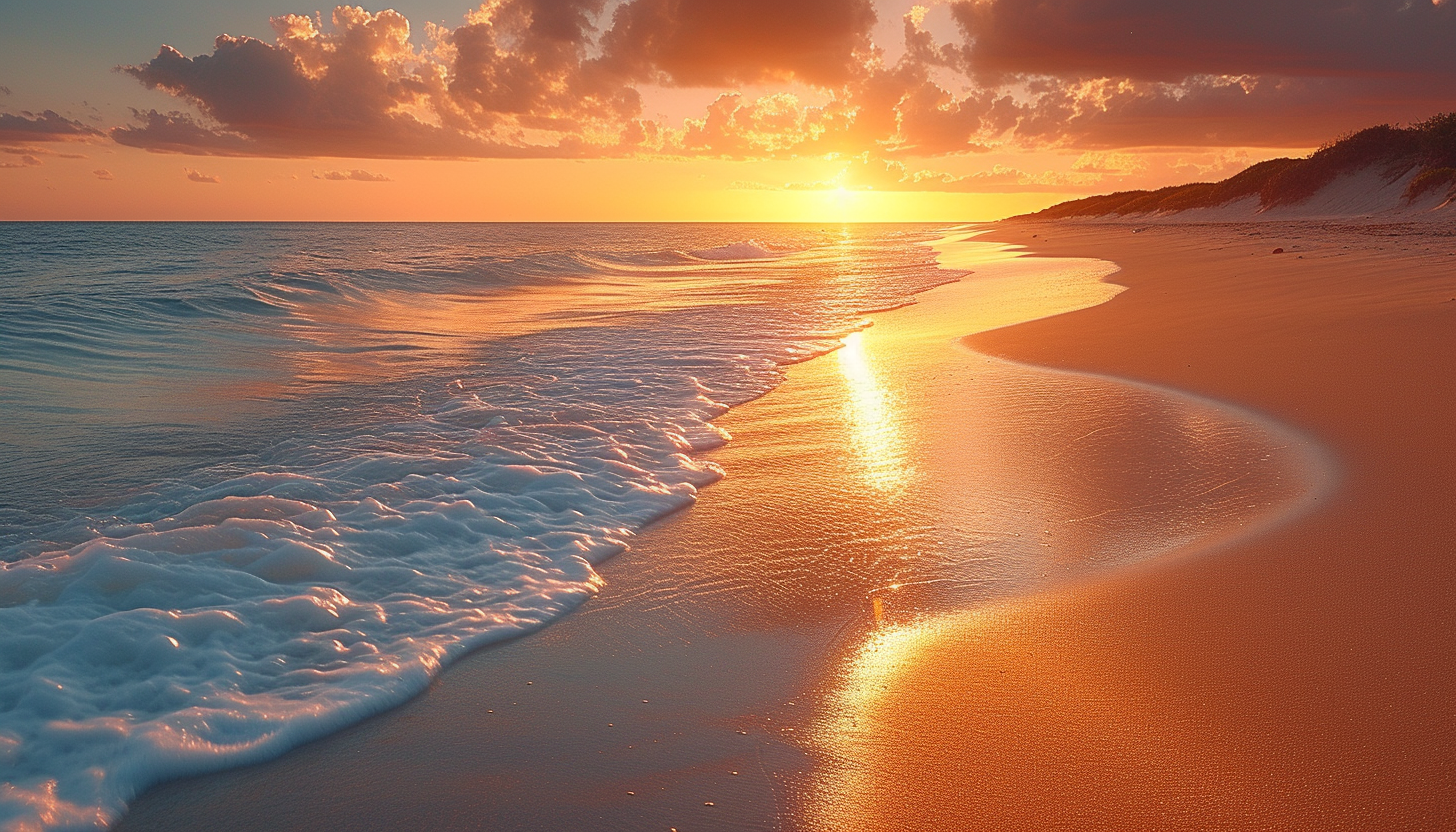 Picture a serene beach at sunset, with golden sands, gentle waves, and a tranquil atmosphere that invites relaxation and reflection.