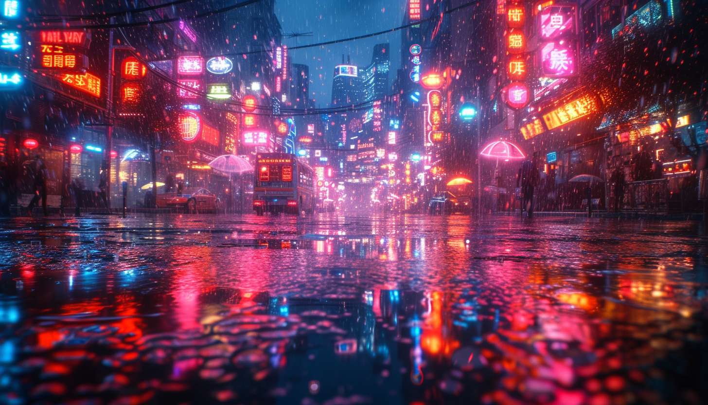 Dive into a cyberpunk cityscape at twilight, where neon signs reflect on wet streets, and futuristic skyscrapers loom overhead.