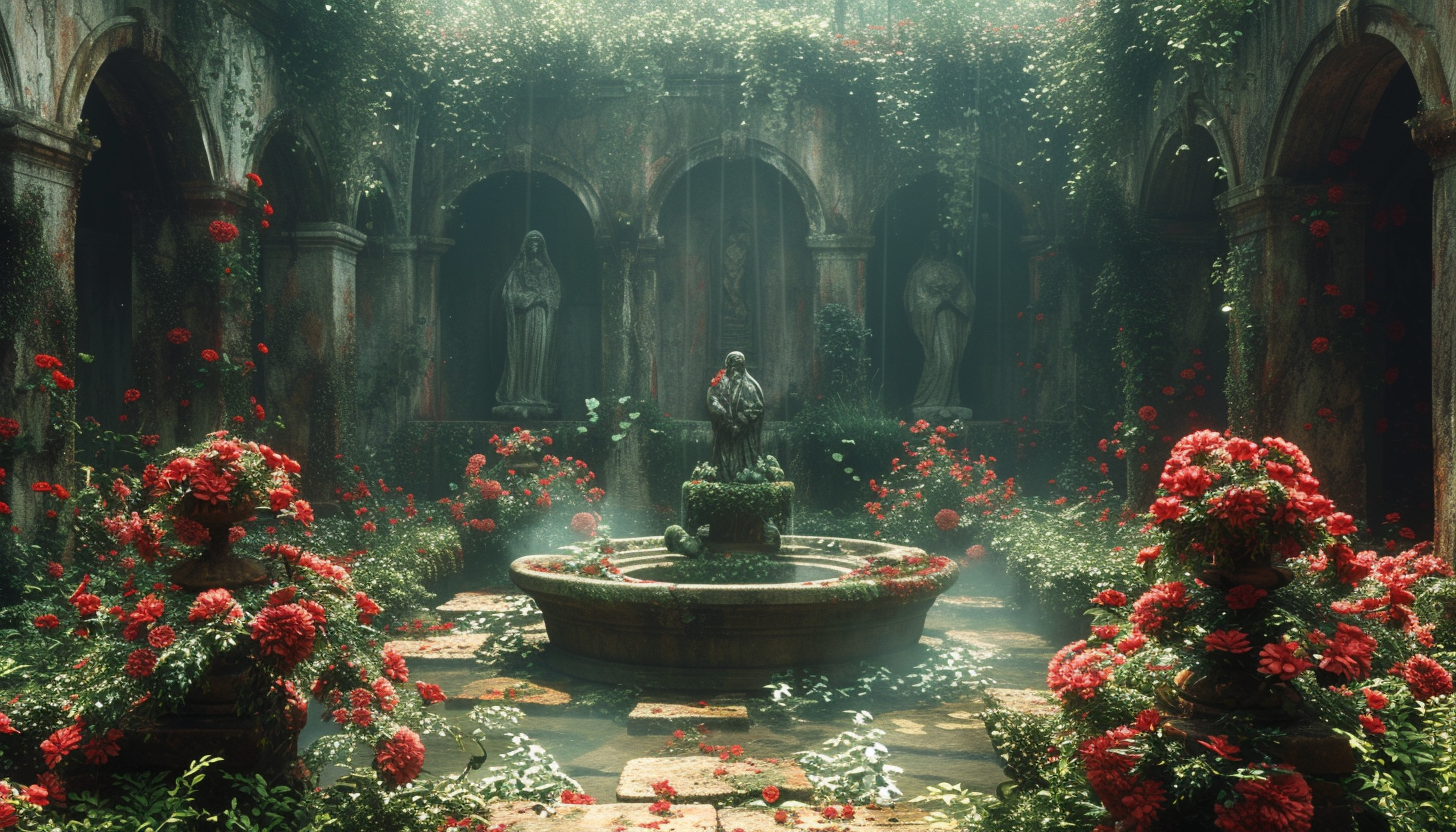 Discover a secret garden hidden within an overgrown maze, filled with hidden treasures, enchanting statues, and a sense of mystery.