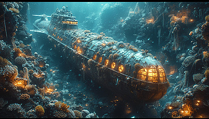 Deep-sea adventure scene with a submarine exploring a coral-covered shipwreck, surrounded by bioluminescent creatures.