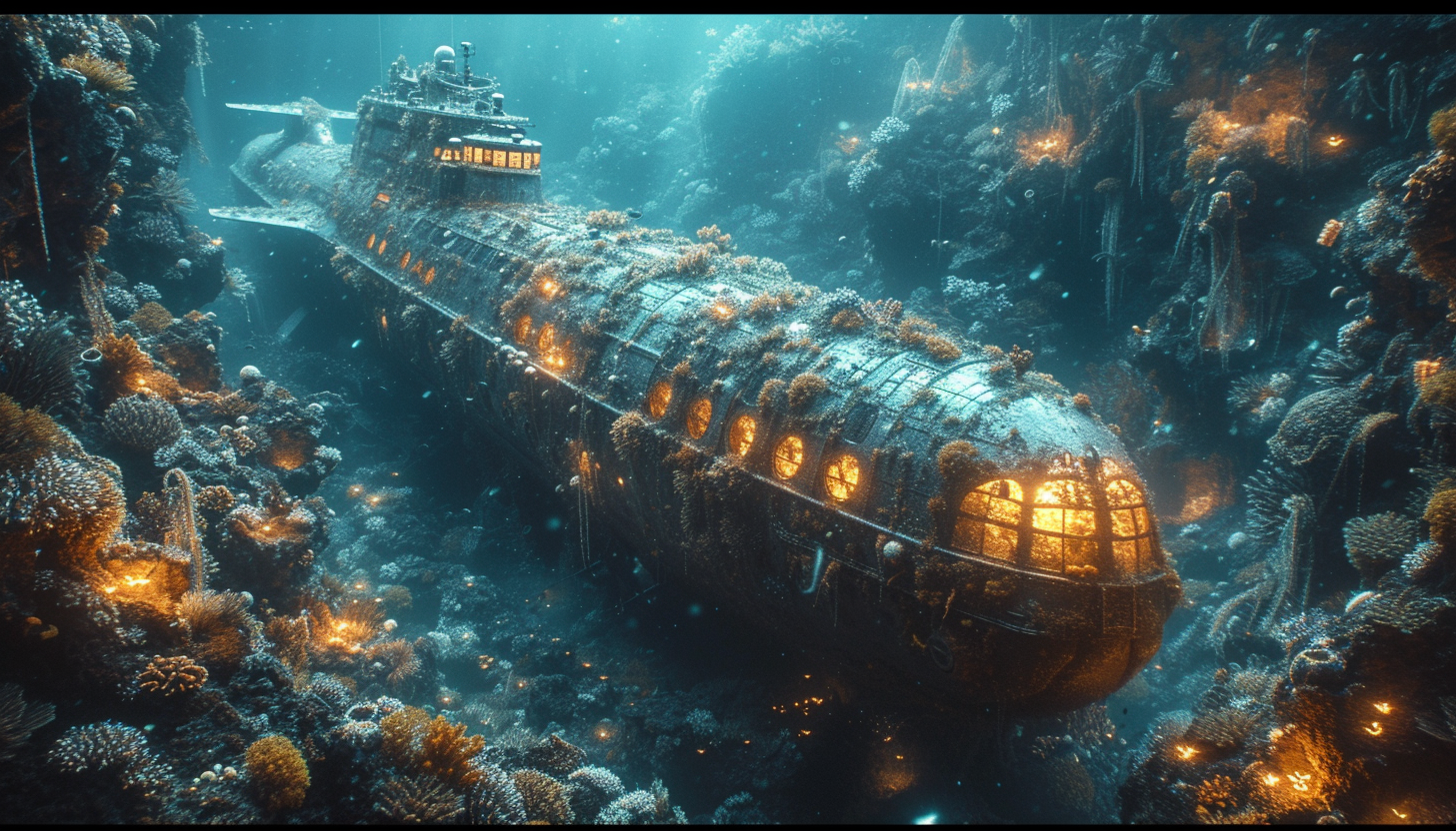 Deep-sea adventure scene with a submarine exploring a coral-covered shipwreck, surrounded by bioluminescent creatures.