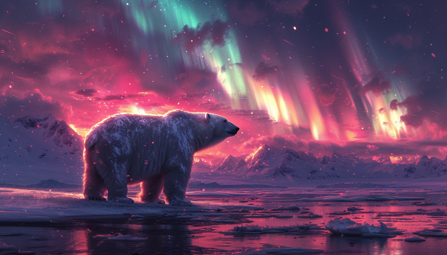 Visualize an Arctic landscape with snow-covered mountains, polar bears, and the mesmerizing dance of the Northern Lights in the night sky.