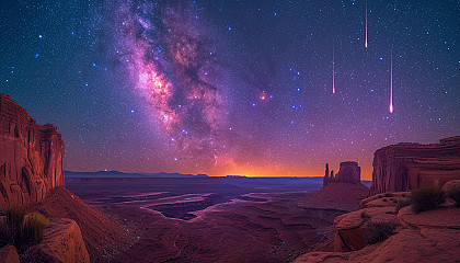 Witness a breathtaking meteor shower in a desert landscape, with shooting stars streaking across the vast, open night sky.