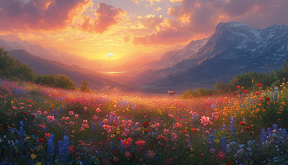 Peaceful meadow at early morning, blanketed in dew, with wild rabbits hopping amongst wildflowers, a gentle sunrise, and a backdrop of distant misty mountains.