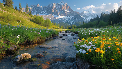 Explore a tranquil alpine meadow at sunrise, with wildflowers, towering peaks, and a clear mountain stream reflecting the early morning light.