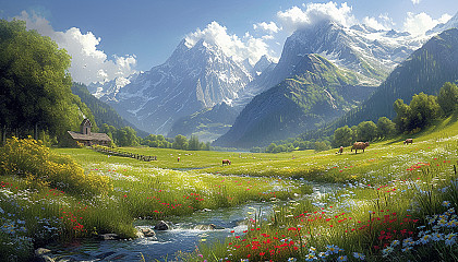 A verdant valley in springtime, with a bubbling stream, colorful wildflowers, grazing animals in the distance, and a quaint wooden bridge crossing the water.