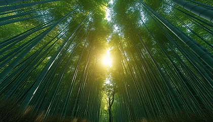 Venture into a serene bamboo forest, where tall bamboo stalks sway gently in the breeze, and dappled sunlight filters through the canopy.