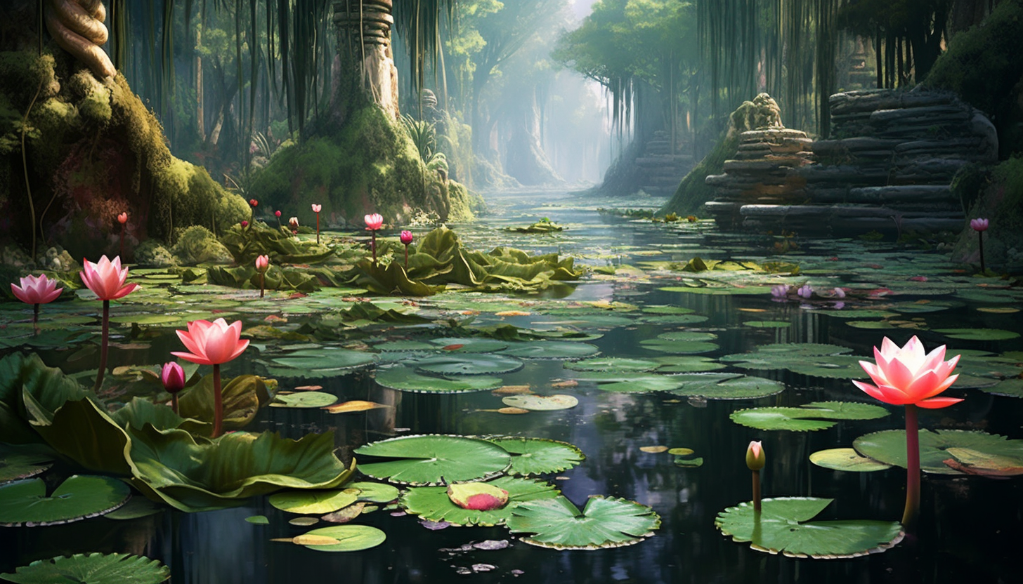 A tranquil pond filled with water lilies and lotus flowers.