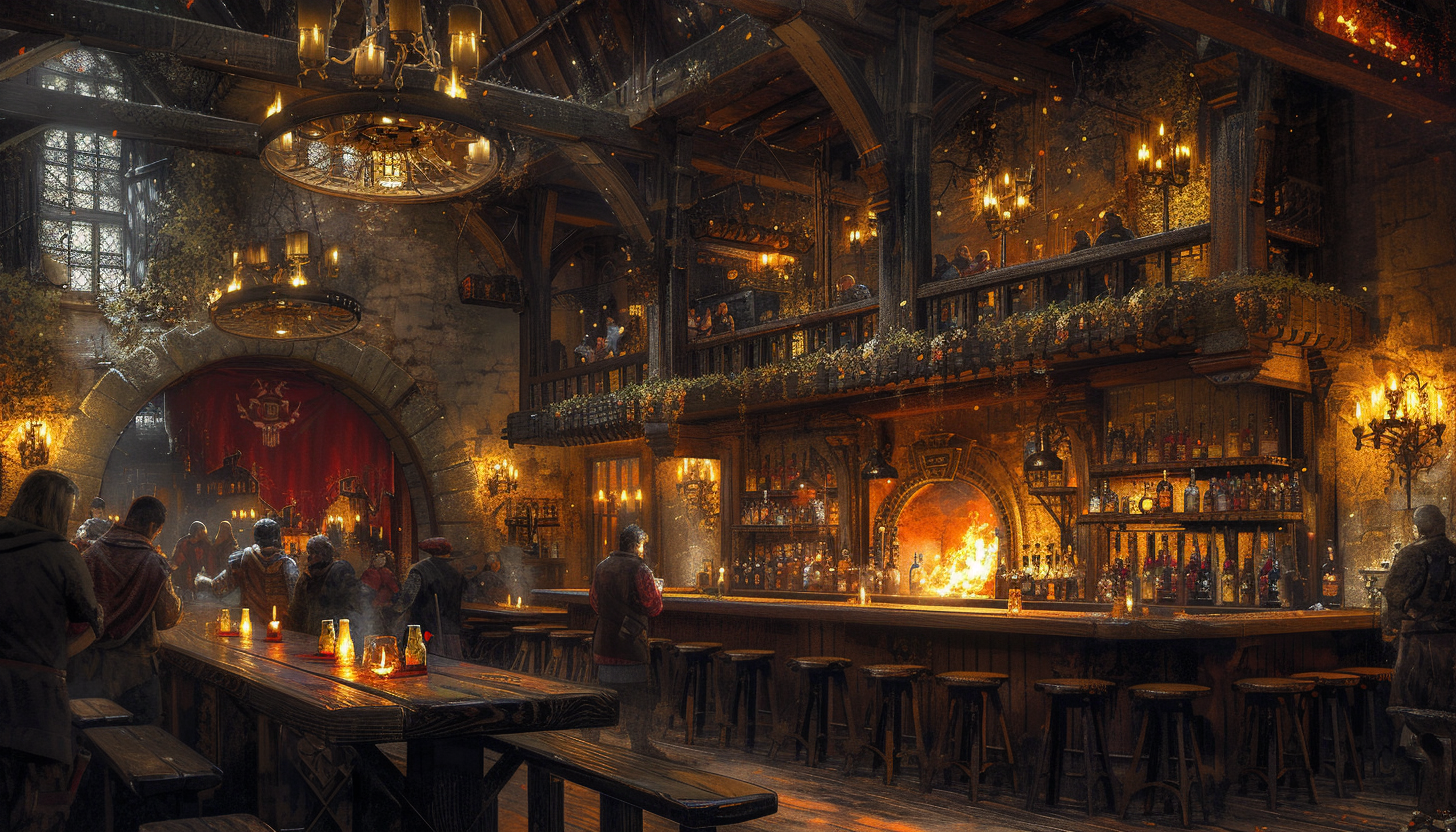 A medieval fantasy tavern with wooden beams, roaring hearths, and adventurers sharing tales of their quests over tankards of ale.