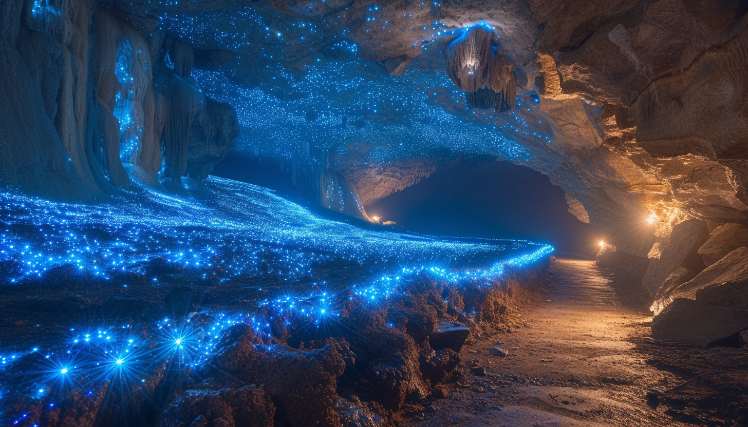 Enter a subterranean cavern illuminated by bioluminescent fungi, creating an eerie, phosphorescent underground world.