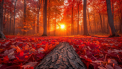 Vibrant autumn scene in a deciduous forest, with leaves in shades of red, orange, and yellow, a carpet of fallen leaves, and soft sunlight creating a warm, inviting glow.