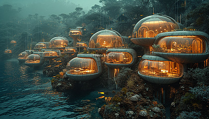 A futuristic underwater city, complete with glass domes, marine life, and advanced architecture beneath the ocean's surface.