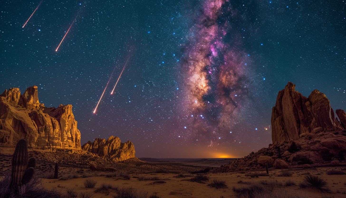 Witness a breathtaking meteor shower in a desert landscape, with shooting stars streaking across the vast, open night sky.