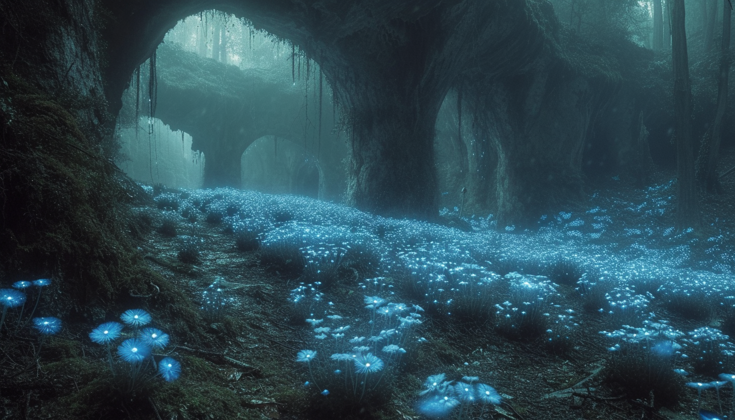 Enter a subterranean cavern illuminated by bioluminescent fungi, creating an eerie, phosphorescent underground world.