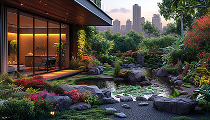 Lush rooftop garden in a modern city, featuring a variety of plants, a small pond, urban skyline in the background, and soft lighting.