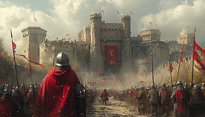 Enter a medieval castle's courtyard at a grand tournament, with knights in armor jousting, trumpets sounding, and banners flying high.