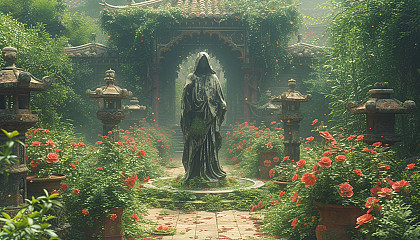 Discover a secret garden hidden within an overgrown maze, filled with hidden treasures, enchanting statues, and a sense of mystery.