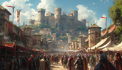Lively Renaissance fair, with jesters, knights in armor, medieval stalls, and a castle in the background.