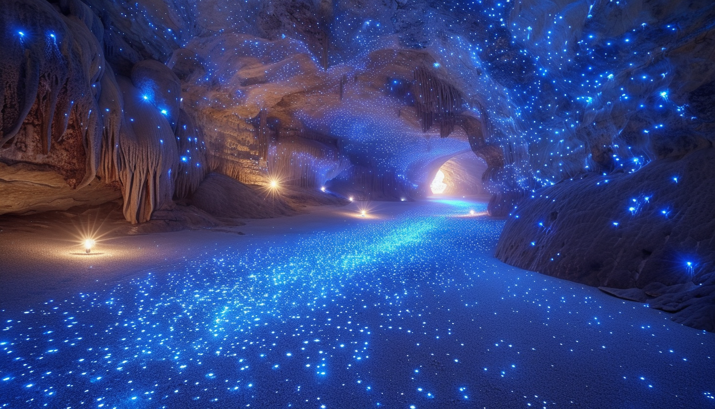 Enter a subterranean cavern illuminated by bioluminescent fungi, creating an eerie, phosphorescent underground world.