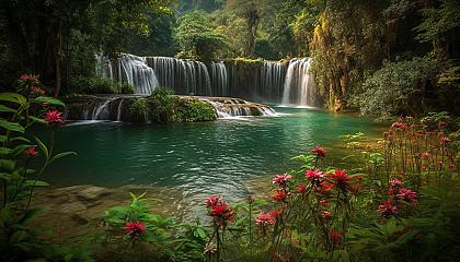 Serene waterfalls surrounded by lush vegetation and vibrant flowers.