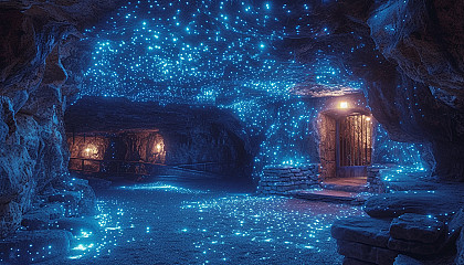 Enter a subterranean cavern illuminated by bioluminescent fungi, creating an eerie, phosphorescent underground world.