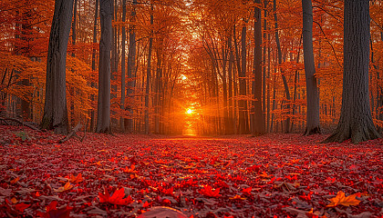 Vibrant autumn scene in a deciduous forest, with leaves in shades of red, orange, and yellow, a carpet of fallen leaves, and soft sunlight creating a warm, inviting glow.