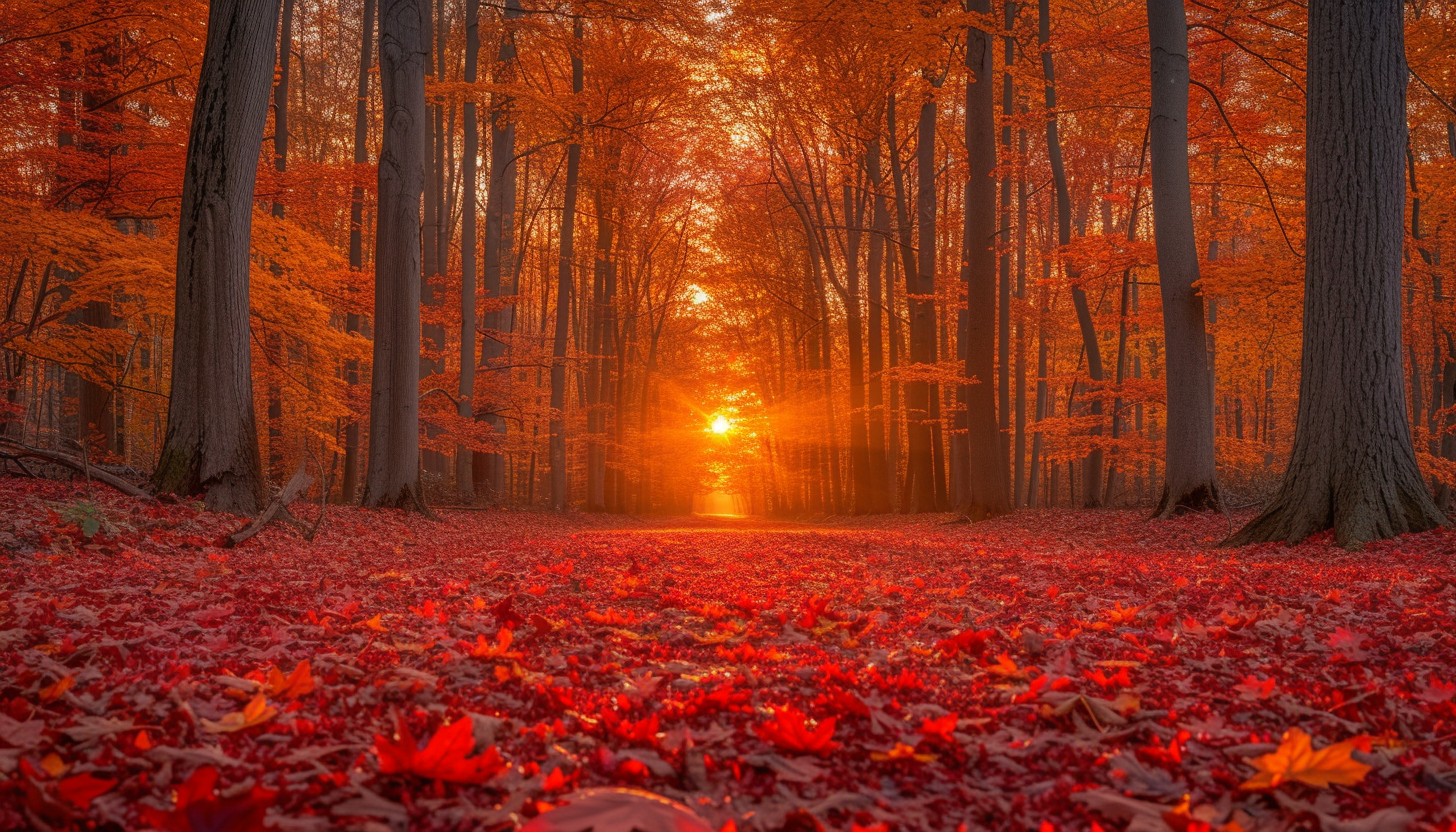 Vibrant autumn scene in a deciduous forest, with leaves in shades of red, orange, and yellow, a carpet of fallen leaves, and soft sunlight creating a warm, inviting glow.