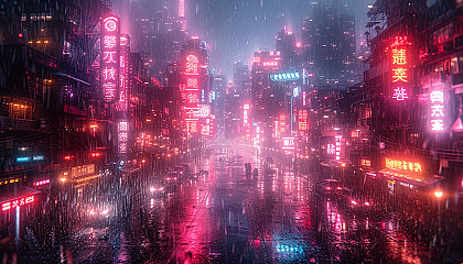 A cyberpunk cityscape in the rain, featuring neon signs, futuristic skyscrapers, and streets reflecting the glow of the city's lights.