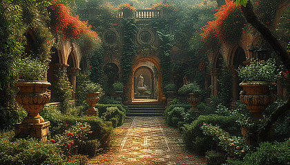 Discover a secret garden hidden within an overgrown maze, filled with hidden treasures, enchanting statues, and a sense of mystery.