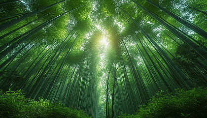 Tranquil bamboo forest with tall, green stalks densely packed, light filtering through leaves, creating a serene, almost mystical atmosphere.