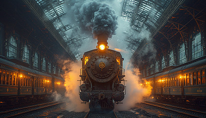 Roam through a Victorian-era steam locomotive station, with billowing steam, grand arches, and travelers from a bygone era.