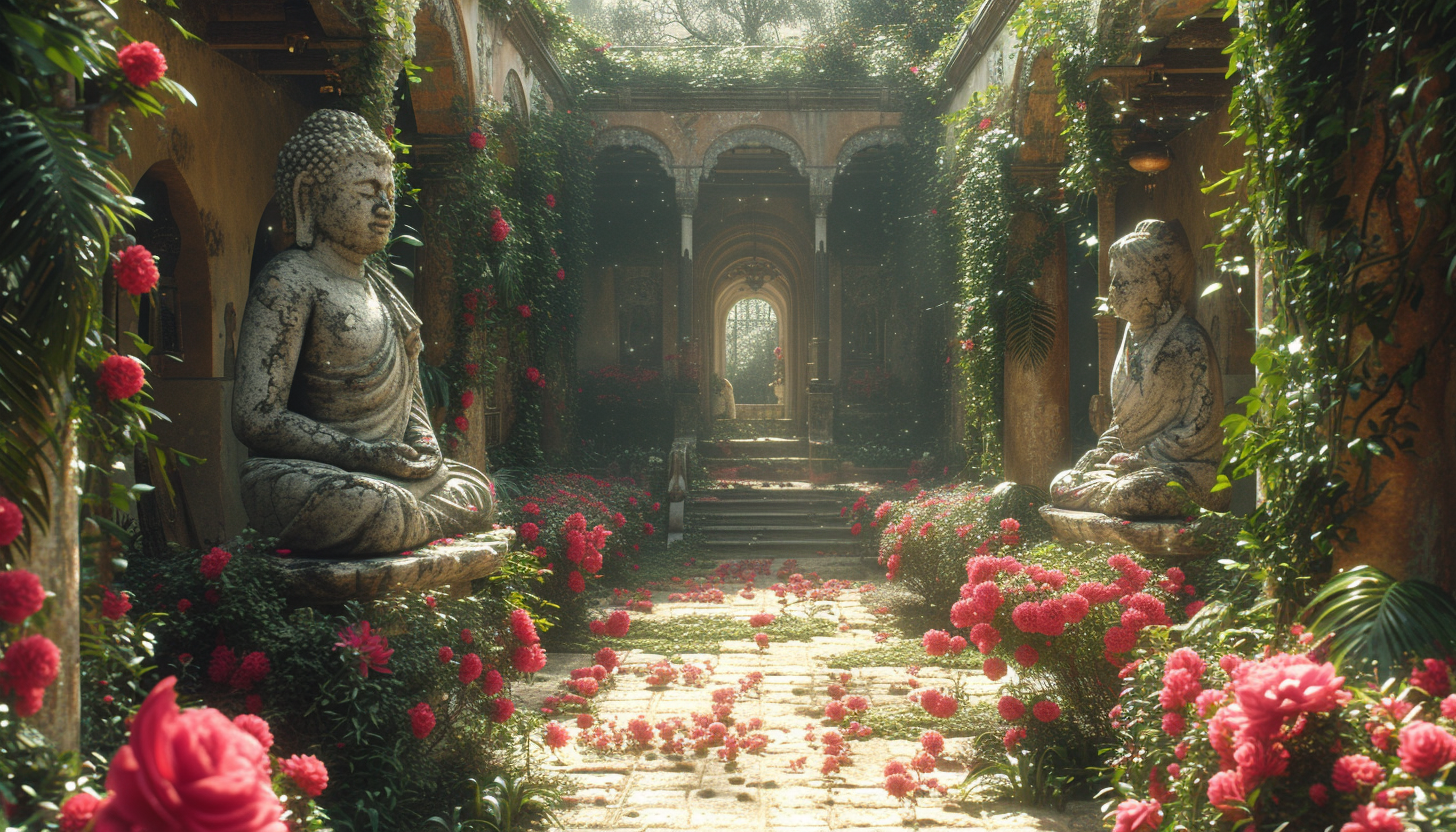 Discover a secret garden hidden within an overgrown maze, filled with hidden treasures, enchanting statues, and a sense of mystery.