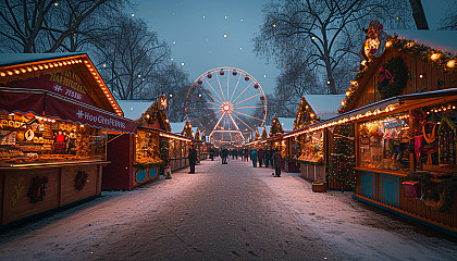 Vibrant carnival scene with festive lights, colorful booths, a Ferris wheel, and people in costume enjoying the festivities.