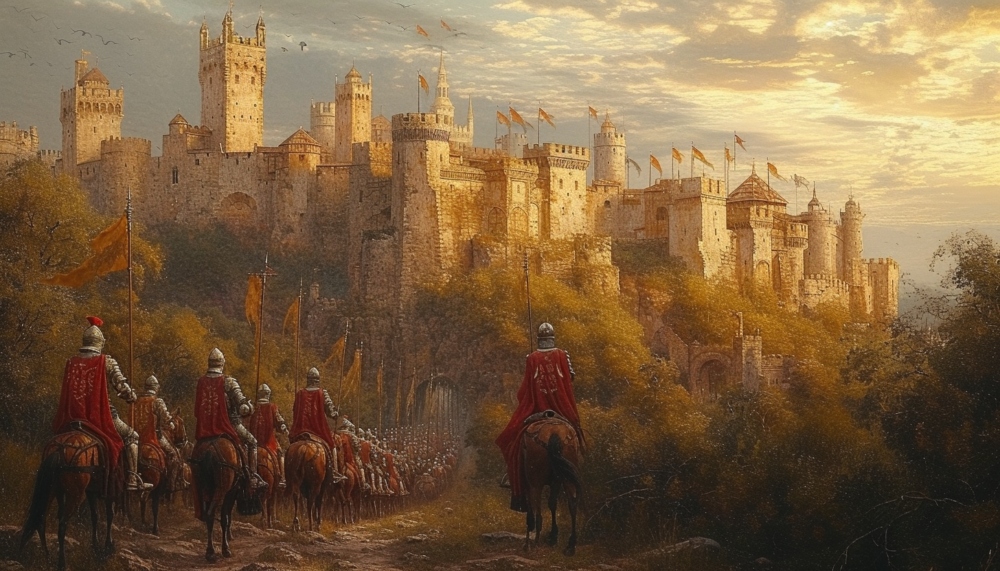 Step into the pages of a medieval tapestry, with knights in armor on horseback, castles in the distance, and a sense of chivalry and adventure.