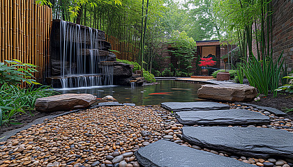 Find serenity in a Zen garden with a meditative rock arrangement, tranquil water features, and a canopy of bamboo.