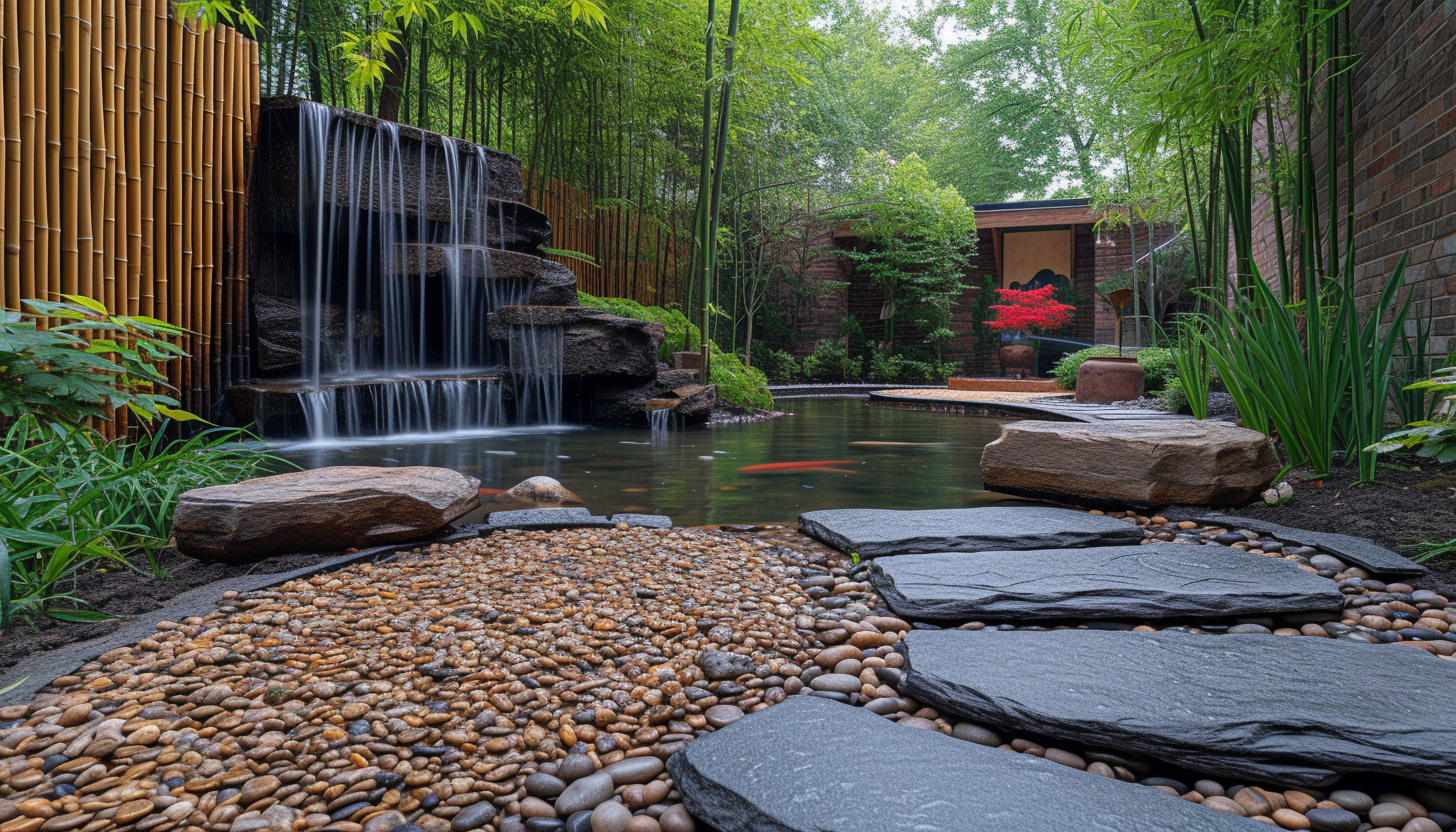 Find serenity in a Zen garden with a meditative rock arrangement, tranquil water features, and a canopy of bamboo.