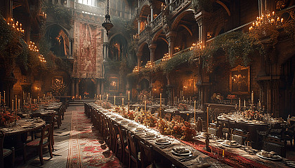 Step into a medieval castle's grand hall, adorned with tapestries, suits of armor, and a long dining table set for a royal feast.