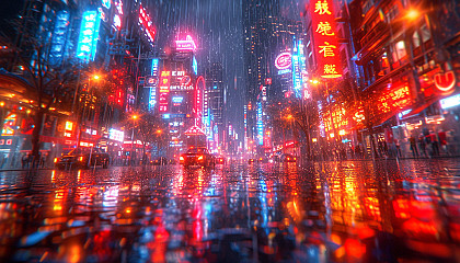 A cyberpunk cityscape in the rain, featuring neon signs, futuristic skyscrapers, and streets reflecting the glow of the city's lights.