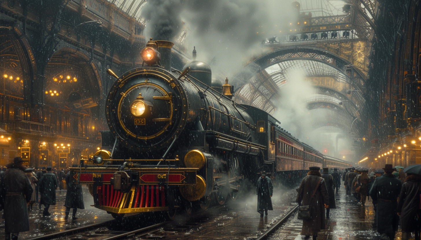 Roam through a Victorian-era steam locomotive station, with billowing steam, grand arches, and travelers from a bygone era.