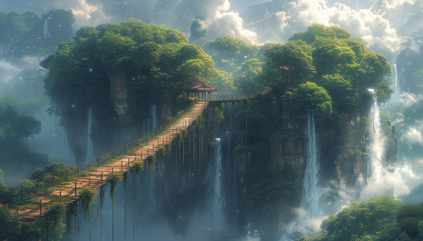 Mystical floating islands in the sky, connected by rope bridges, with waterfalls cascading into the clouds and exotic flora.