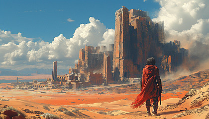 Survive a post-apocalyptic desert landscape, with sand dunes, abandoned ruins, and a lone wanderer searching for signs of life.