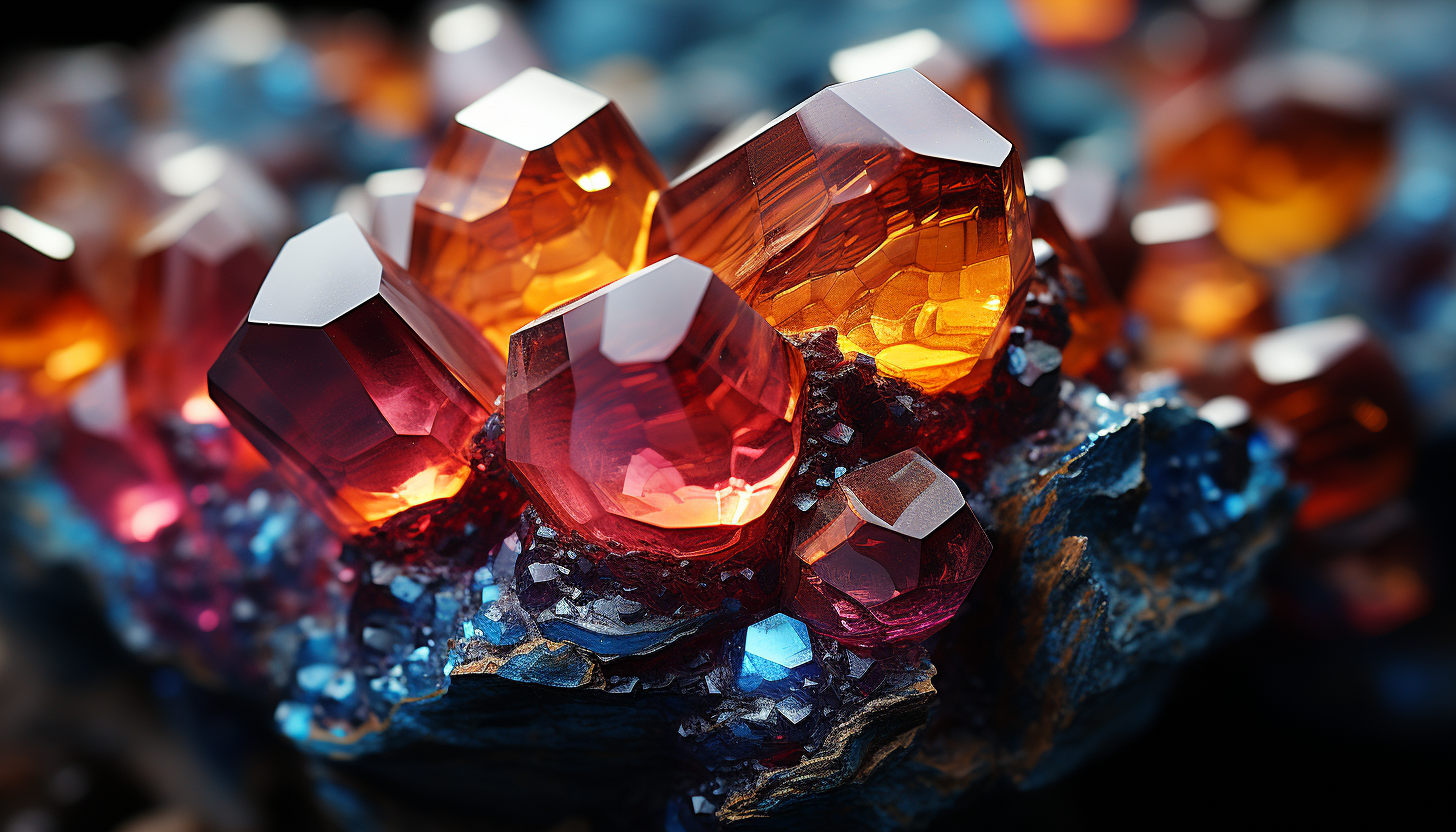 Microscopic view of colorful minerals or crystal formations.