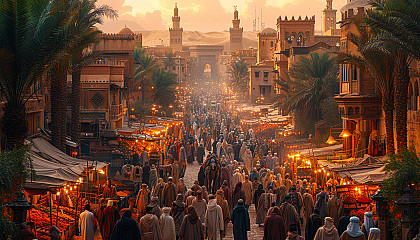 Traditional Arabian market at sunset, with spice stalls, rich textiles, bustling crowds, and a view of the desert and camels in the distance.