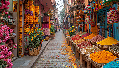 A vibrant Indian marketplace, with colorful stalls, spices, fabrics, and the hustle and bustle of daily life.